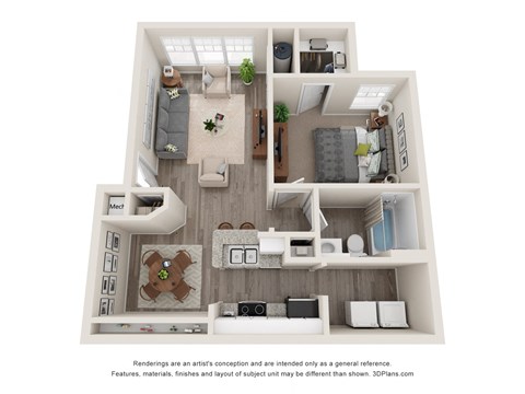 A floor plan of an apartment with a bedroom, bathroom, kitchen, and living room